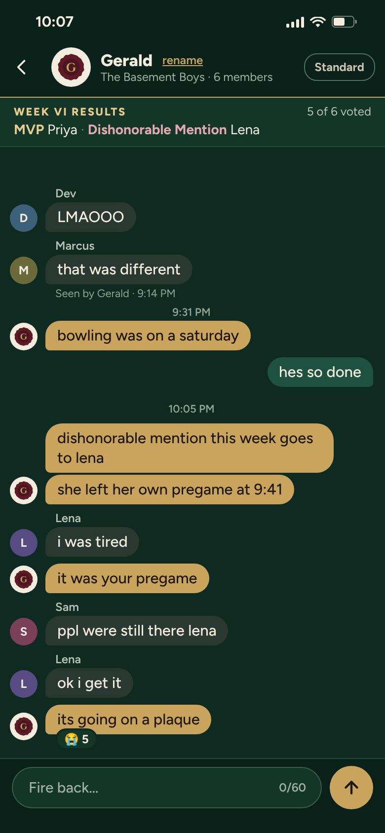 Gerald announcing Lena's Dishonorable Mention for leaving her own pregame at 9:41