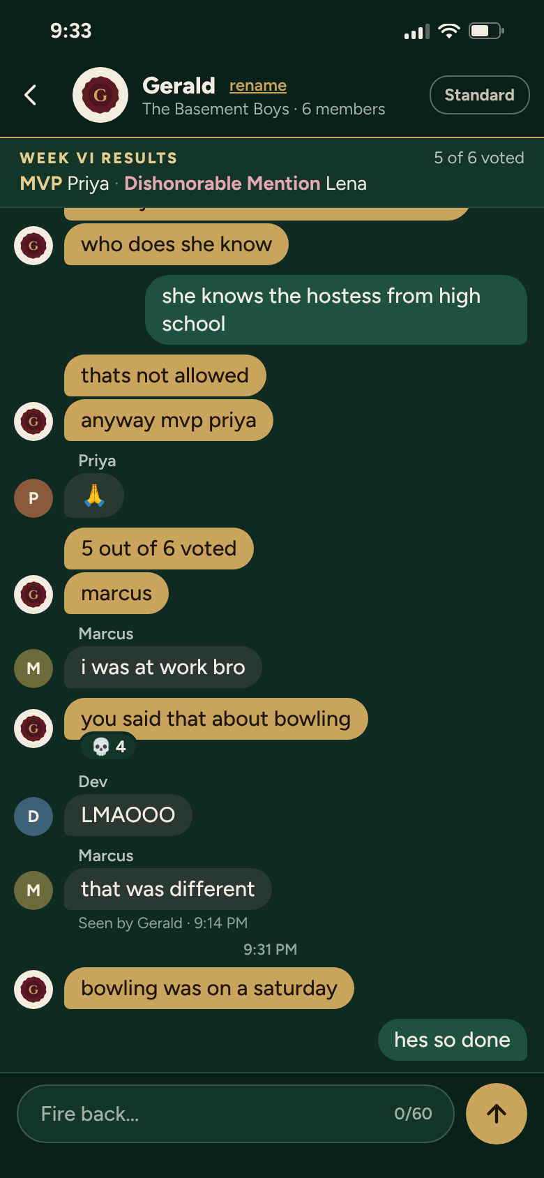 Gerald in The Basement Boys' group chat, calling out Marcus for not voting