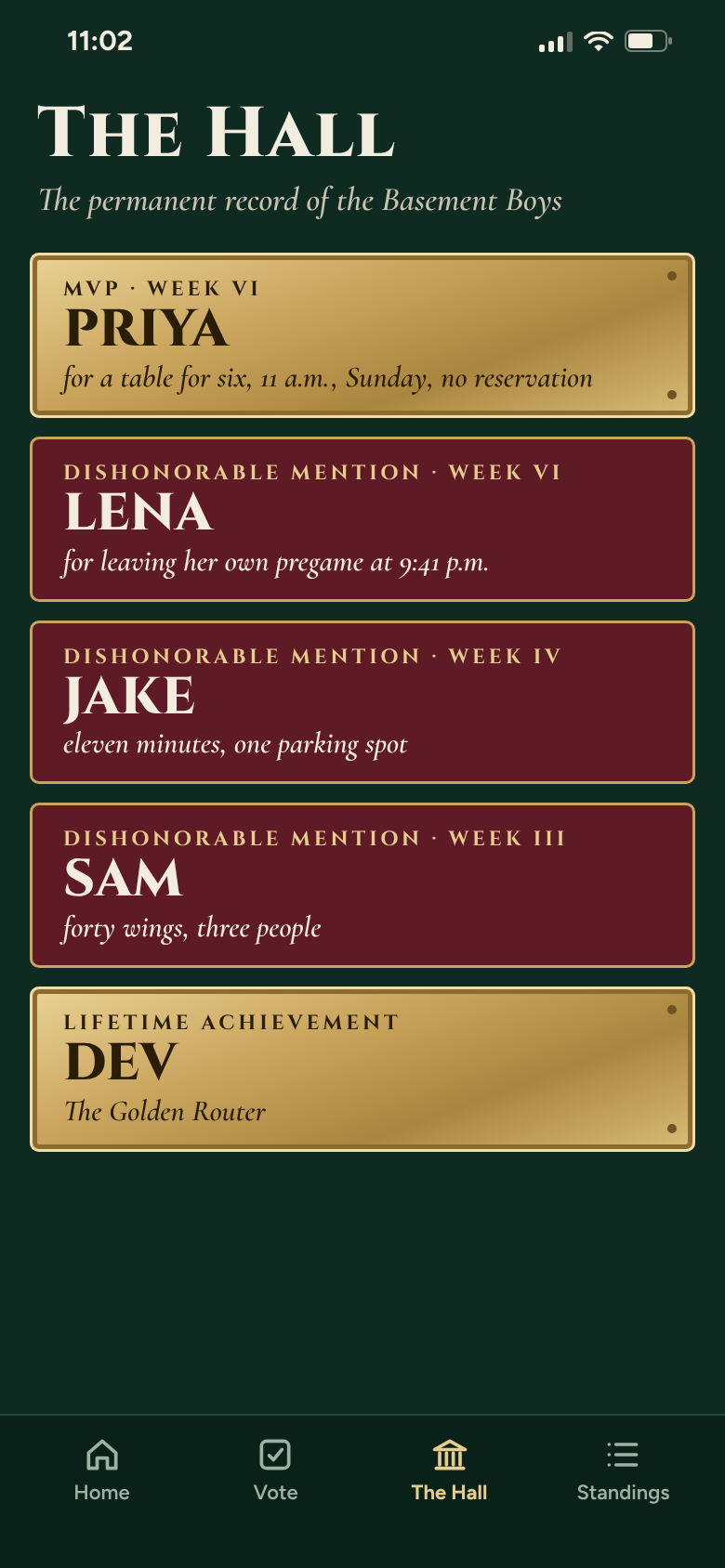 The Hall: brass and oxblood plaques for every MVP and Dishonorable Mention